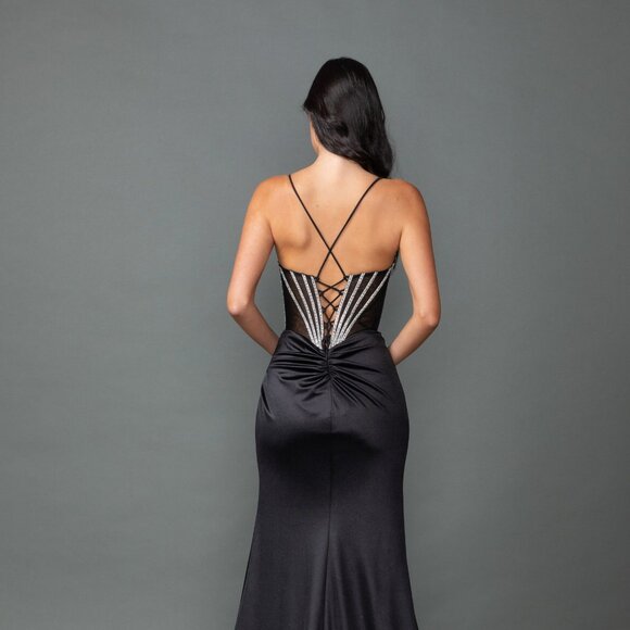New Beads Embellished Prom Satin Dress w/ Gathered Waist & Lace Up Back DQ 4538 - Picture 6 of 8